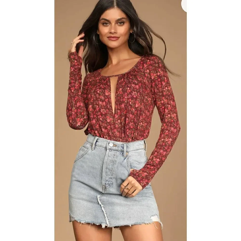 Intimately Free People Kaya Brown Floral Print Bodysuit NWT Small
